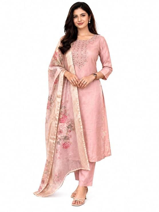 Women's Dusty Pink Rayon Kurta Set with Pants & Chanderi Dupatta.jpg
