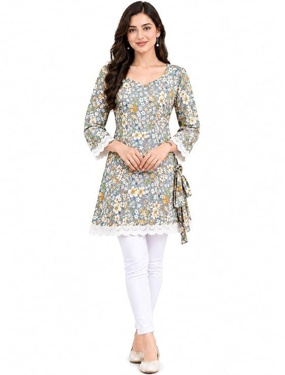 Women's Grey Floral Print Cotton Short Kurti with Lace Border.jpg